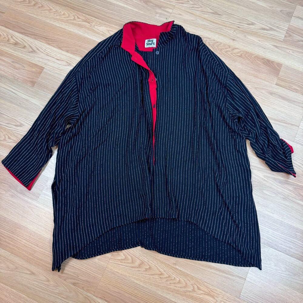 Carole Tomkins The Big Shirt Women’s 2 2X Black White Pinstripes Red Blouse